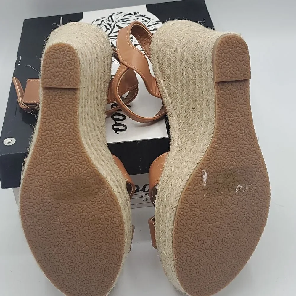 Weeboo Tan Mid High Heel Wedge Strappy Buckle Espadrille Sandals Size 7.5